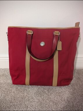 Coach Voyager XL Red Tote Bag with Tan Trim - Classic Canvas Shoulder Tote